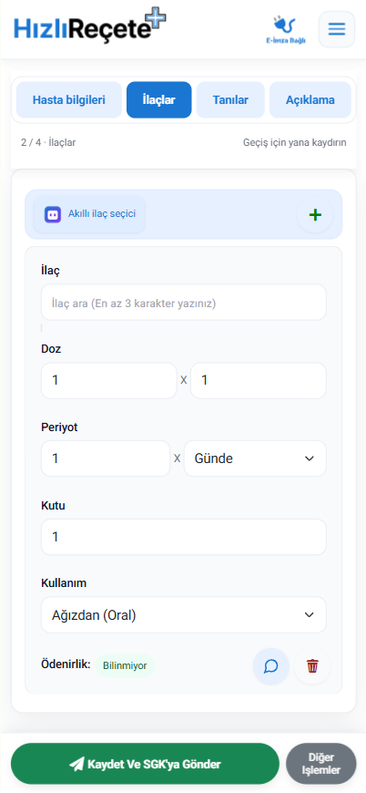 Telefonda reçete hazırlama ve ilaç bilgilerini düzenleme ekranı